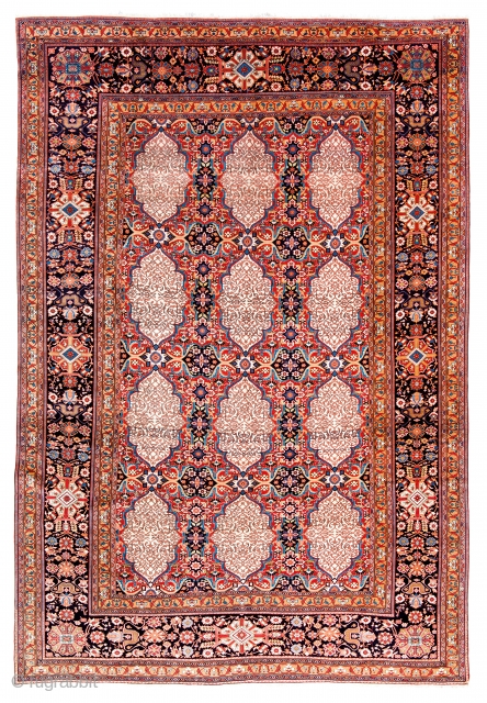 Lot 16, Kashan Mohtashem, Persia circa 1870, 10ft. 6in. x 7ft. 3in., 320 x 221 cm, Condition: excellent, Wool pile, cotton warp, cotton weft.
This carpet, unlike the previous lot, is more typical  ...