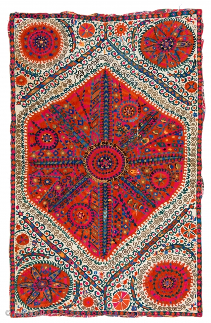 Lot 92, Large Medallion Suzani, Uzbekistan first half 19th century, 8 ft. 8in. x 5ft. 7in., 264 x 170 cm, Provenance: private collection Israel, Haifa,
Lit.: compare similar piece Rippon 16.11.1991, Lot 127  ...