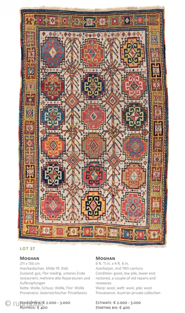 Lot 37, Moghan, 211x136cm, Auction December 15th at 4pm, Sarting bid € 400, https://catalog.austriaauction.com/en/fine-antique-oriental-rugs-xiii/136-moghan.html                   