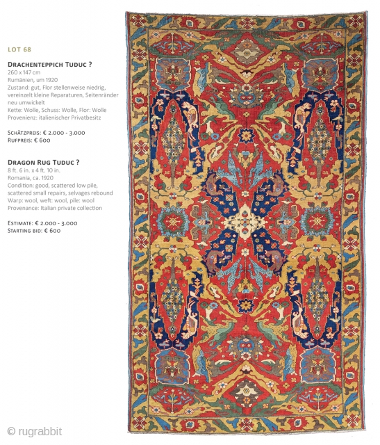Lot 68, Dragon Rug Tuduc?, 260x147cm, ca. 1920, Starting bid € 600, Auction December 15th at 4pm, https://www.liveauctioneers.com/item/67152357_dragon-rug-tuduc               