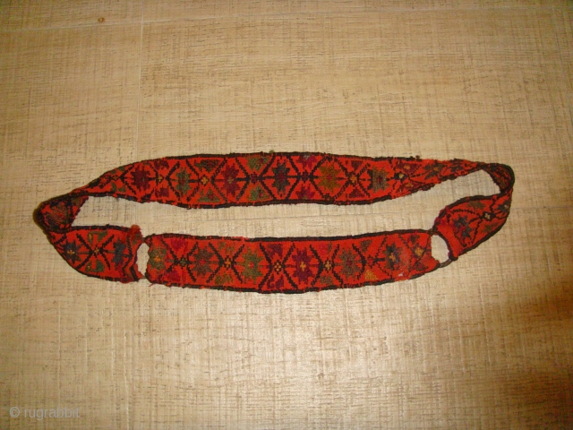 Early 20th Century, Orange/Multicolour Wool, Shahsavan Decorative Neckband for Animals.
(Likely for Camel; worn on Festive occasions). Slight fraying at the selvedges but overall in very good condition 
Neckband Circumference: Approx.64cm ; Neckband  ...