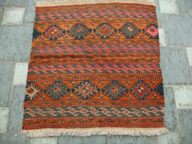 Late 19thCentury, 2-panel Shahsavan Saddle cloth (likely of the Moghan plains). Soumakh-weave. Wool on Cotton.
Size: Approx. 91.5cm (width) x 99cm (length).            