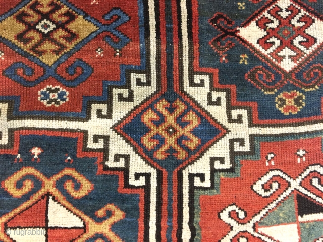 Antique Karabagh rug with "Memling" Guls, Kalbajar district (Javanshir uyezd), Western Karabagh, Azerbaijan. c 1880-1890. Size: 140x235cm (4'7"x7'8"). Condition: full and original pile condition, center of the field has relatively lower pile.  ...