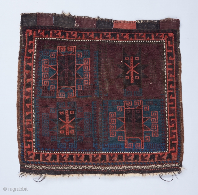 Baluch bag face with a rare, beautiful color palette. 2'2"x 2'2". All original . Corroded black.                 