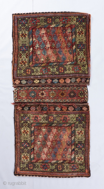 A complete Kurdish/Northwest Persian Khorjin with an uplifting color palette. A recent local find. Gorgeous wool and excellent condition. Great aubergine, greens and blues but also a weak grayish color. 5' x  ...