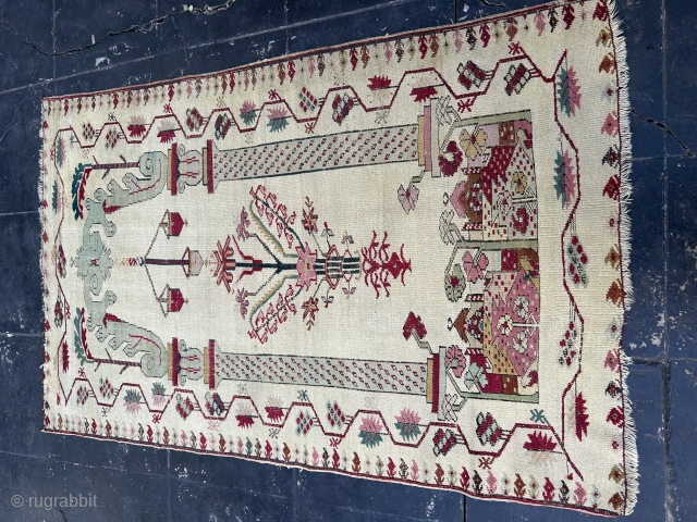 Turkish prayer rug with a very interesting design. 6’ x 3’10”. Please email me at noah@bbolour.com for more details.              