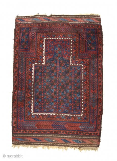 A gorgeous timuri Baluch with great color and an interesting design , especially the border scheme and the mihrab within the mihrab. A cut/ crease towards the top that is visible in  ...