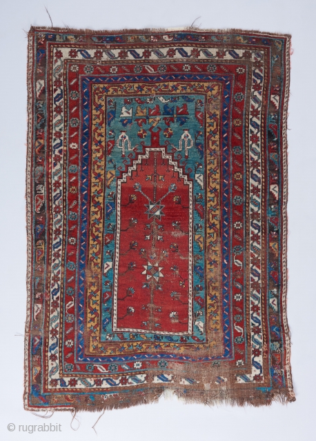 Central Anatolian prayer rug. Mid 19th century or earlier. Great color. Needs a wash. 4'9" x 3'3". 

Please visit our website for more collectible and decorative woven art: www.bbolour.com    