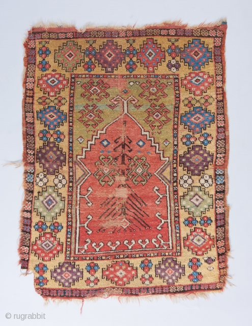 Early 19th century Central Anatolian prayer rug with a great, uplifting color palette. Probably Cappadocia. All original with condition issues as visible. 

Please visit our website for more collectible and decorative and  ...