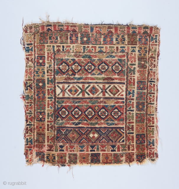 Shahsavan? Soumak bagface. I believe this is a rare and early piece. 1'7" x 1'6".  Foundation is wool and cotton. The whites are in cotton. All original except for some small  ...