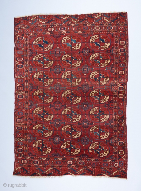 Tekke wedding rug. Early one of it's type.  Fine weave, supple handle and velvety wool. Interesting border elements. The Kurbaghe secondary gol is rare for Tekke rugs in this format. 5'2"  ...