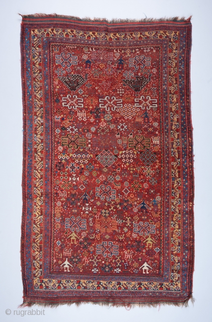 A rare and beautiful Khamseh rug. A cornucopia of tribal iconography including a  formation of mother and child bird motifs at the top . 7'5" x 4'7". 

Please visit our website  ...