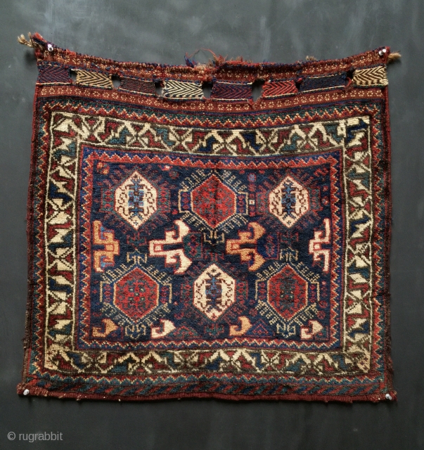 Antique Veramin bagface with jewel toned all natural dyes and fleecy wool. Size: 2'5" x 2'3" (74cm x 69cm) Excellent condition. See plate 43 in "Woven Gardens" David Black & Clive Loveless  ...