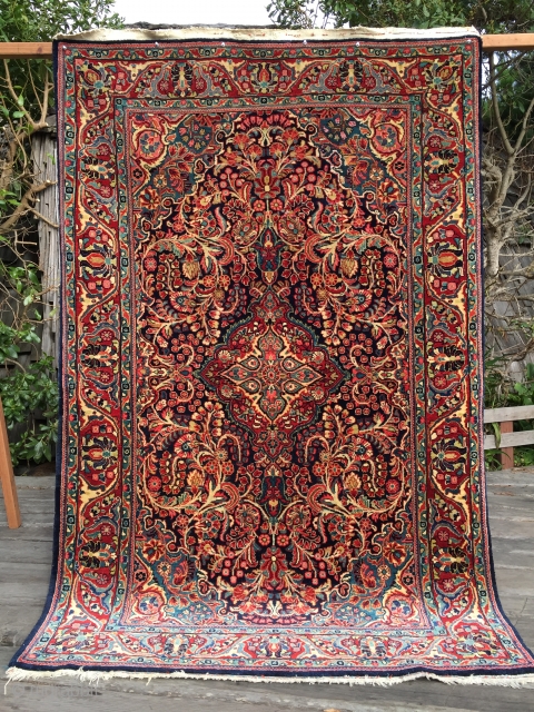 Superb 1930s Jozan Sarouk in lush full pile. Sublime colors throughout. Size is 4’5” x 6’10”. Soft, dense wool pile with original sides and ends. Some small damages/repairs to the back, but  ...