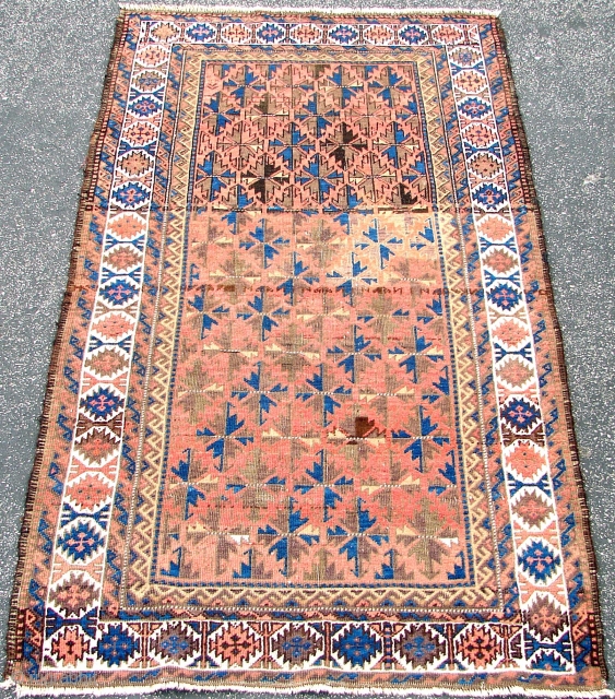 Old  Beluch 
Old Beluch Rug Circa 1900 and seiz is  38"x71"
THIS RUG HAS A NICE ABRUSH IN MIDDLE FELID.Excellent condition All natural 
        