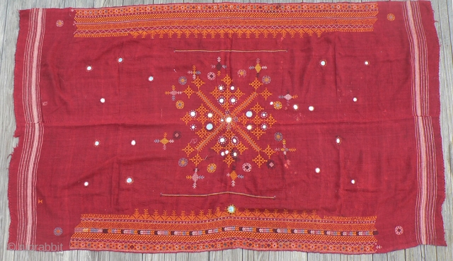Antique Indian Embroidered Wedding Shawl or “odhni” from the Thar Desert region near Jaisalmer in Rajasthan. Approximately 78 x 48 inches. The background cloth is 2 strips of brick red handloomed wool  ...