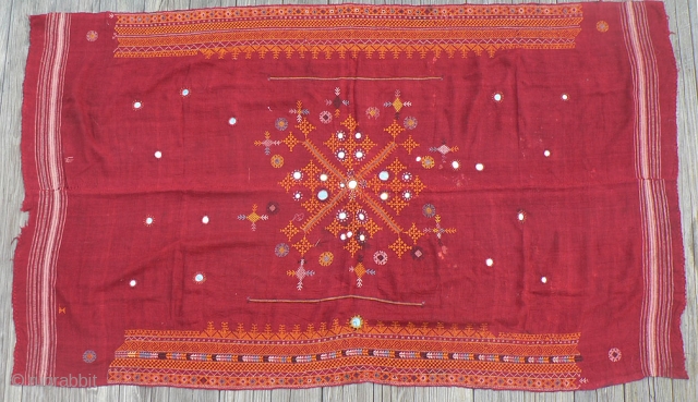 Antique Indian Embroidered Wedding Shawl or “odhni” from the Thar Desert region near Jaisalmer in Rajasthan. Approximately 78 x 48 inches. The background cloth is 2 strips of brick red handloomed wool  ...