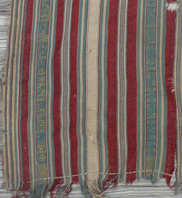 Beautiful antique silk textile from Bhutan, several loom widths sewn together lengthwise, made from wild tussar silk, with beautiful dyes. The damage is apparent -- holes and frayed edges -- but it's  ...