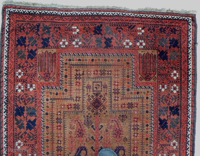 Beautiful and Interesting Baluch Prayer Rug. 72 x 36 inches. Hands, botehs, figures and more. Nice borders. Medium to low pile throughout.           