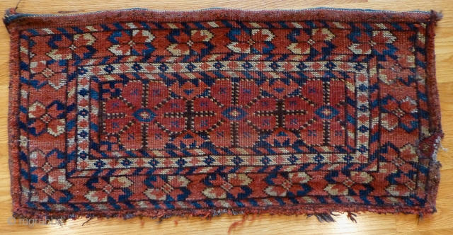 Antique Central Asian torba. Ersari Beshir? Uzbek? 34 x 16 inches. Low  pile. 
In situ repair along one edge approx. 2 x 1 inch. Asymmetric open right knotting. See www.banjaratextiles.com for  ...