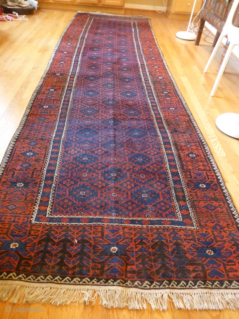 Rare Old Baluch Runner. 154 x 46 inches (12.5 feet x 4 ft approx). It's rare to find an old Baluch in this runner format. Attractive design in very good 
condition, with  ...