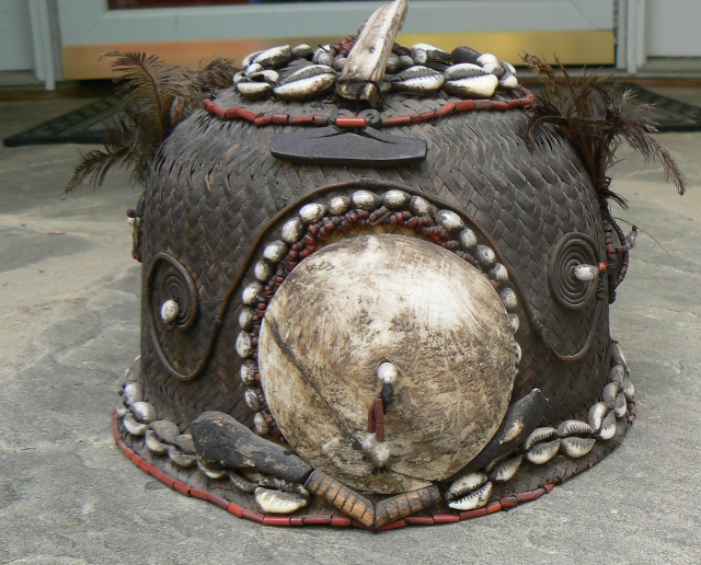 Old Naga Cane Woven Hat, from the state of Nagaland in NE India, probably Konyak, with lots of decorations, including boar tusk, glass beads, cowrie shells, sea shells, wood, bone, and feathers.  ...