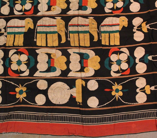 Antique Naga Man’s Shawl from Manipur region India. 72 x 48 inches. The textile is handloomed cotton with a black, red, yellow and ivory strips. The weave has a tight fine weave  ...