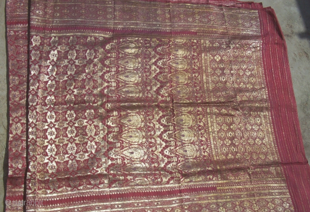 Antique gold metallic thread brocade sari from Gujarat region of India. Beautiful old brocade in very good condition. 184 x 42 inches. www.banjaratextiles.com          