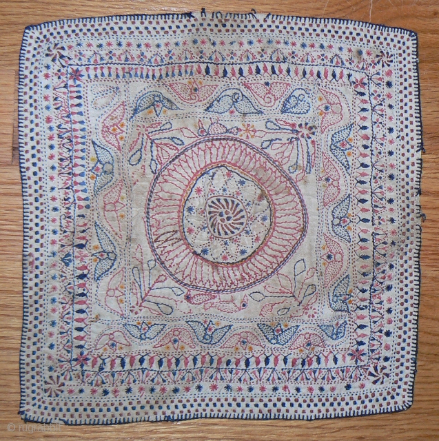 Small Antique Kantha embroidery. 10x10 inches. From the West Bengal region of India, traditionally created from fragments of old family garments and recycled threads.Lovely, small-sized kantha embroidery in good condition. Embroidered with  ...