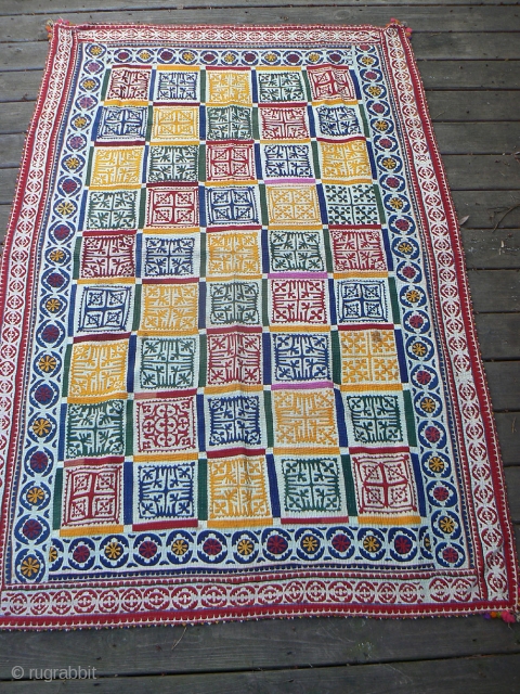 Spectacular Large Old Sindi Indian Applique Quilt. Beautiful, colorful design and execution. Excellent condition. 77 x 51 inches.               