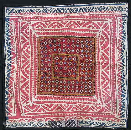 Old Banjara or Thar desert Indian textile square, perhaps used as a pillow cover or a square coverlet. Approximately 22 x 22 inches. The outer border is old applique work of white  ...