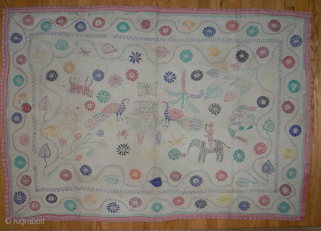 Antique Indian Kantha Embroidery Quilt. From the West Bengal region of India. 65 x 45 inches. This kantha has it all – horse and rider, butterfly, salamander, ox, peacock,flowers. Playful kinetic design.  ...