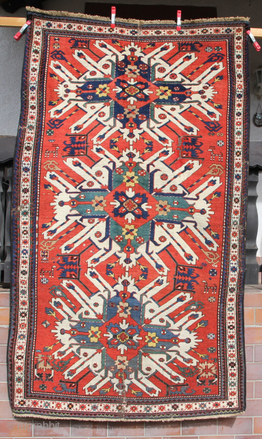 An antique Caucasian carpet chelaberd Karabahh region, South Caucass. Age: circa1880
Dimensions: 270x160cm Material: Wool on Wool with fantastic, transparent natural colours.The typical cross-shaped flower in the center of the medallions on the ...