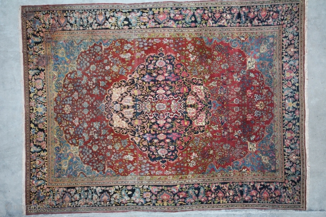 Isfahan Persia about 1880,, size. 4,10 x 3,02 m, wool on Cotton, very fine knitted, condition good, excellent colours, even low pile, 5 holes 0,03-0,20 m, unprofessional repair     