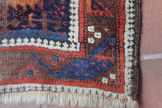 Antique Timuri Baluch rug dy the Yaqub Khani Subtribe,

Original Sides with oxidized dark browns. Many wounderful motifs, 
wounderful blues Cheers.
Size: 160x80cm            