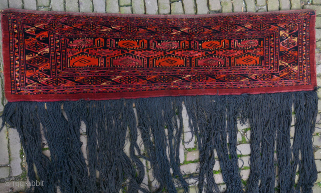 Exceptional rare Salor or Saryk torba - trapping with curled leaf motif. It is fine in weave and includes a high proportion of ruby silk that creates a particularly splendid appearance. ...