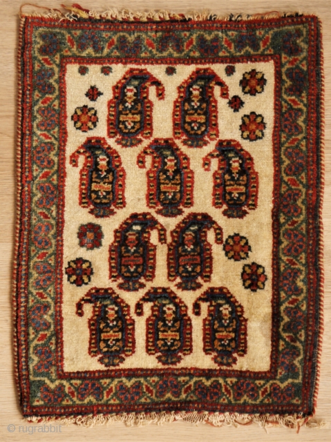 Unusual botteh bag face, Persian (could be of a Bakhtiari chanteh) fine weave, natural colors in good condition. parts of kilim remaining. 
29,5 x 39 cm.       