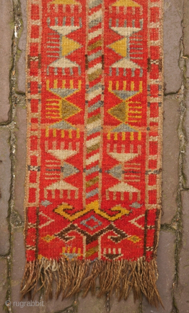 Khirgiz pile tent band fragments, colourful with fascinating graphics, wool. 
160 x 20,5 cm. 
€125 for the pair, €75 each             