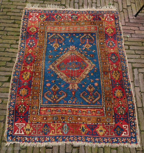 Yahyali small rug, Anatolia, beautiful colors, with royal blue, what is not to like? good condition, some corrosion, 111 x 140 cm. 
please use contactform on www.beamol.nl      