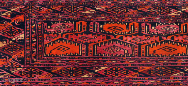 Exceptional rare Salor or Saryk torba - trapping with curled leaf motif. It is fine in weave and includes a high proportion of ruby silk that creates a particularly splendid appearance. The  ...