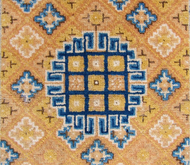 Very unusual Chinese square, circa 1800 or earlier. Full pile with really good wool and color. Missing top guard border, but easy repair if desired.        