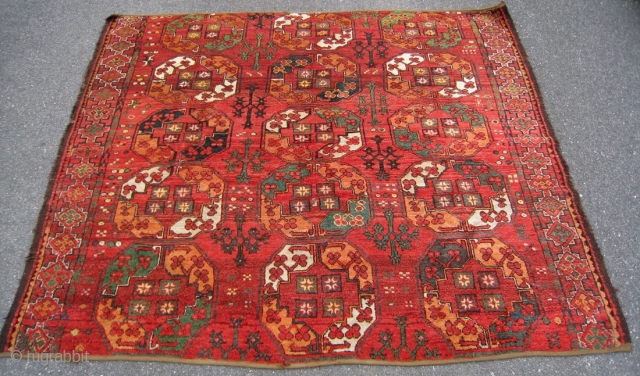 Superb fragment of a 19th century Ersari main carpet. Thick chunky pile and really nice color. A few small holes. Approx. 5' x 6'.         