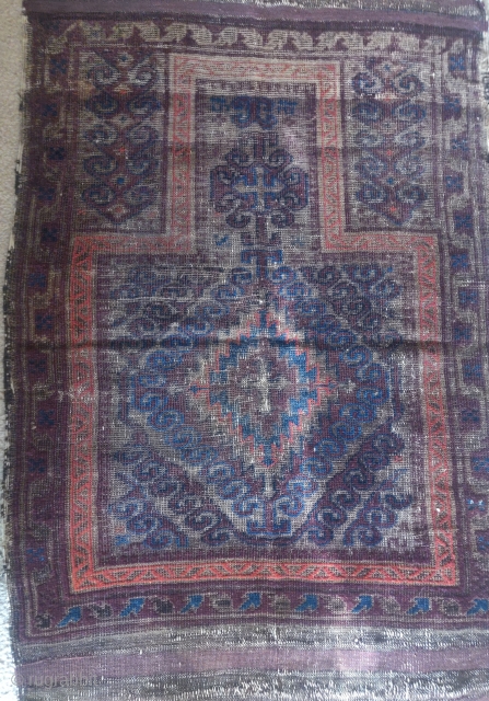 Good rug bad picture, Baluch Mushwani type prayer rug, all natural colors, (can't quite get them right in photos) lots of aubergine, blue, and slates, with corrosive brown giving a compelling sculptural  ...
