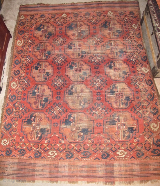 Central Asian Main Carpet with large guls. Some features resemble Turkmen weavings from the Middle Amu Darya region but the construction of this piece, including one strand per pass wefting, is unlike  ...