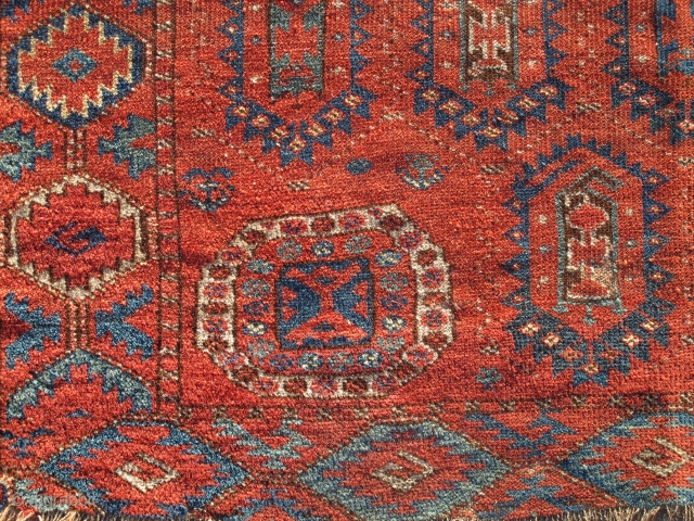 Central Asian Bashir Rug Fragment, half of a 2-1-2 smaller rug with stylized botehs. Great weave and color, Old!              