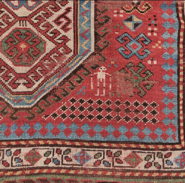 Masculine Sevan? Kazak, worn but actually quite a nice antique rug with personality, color, and a nice handle. 4'4"x7'4"              