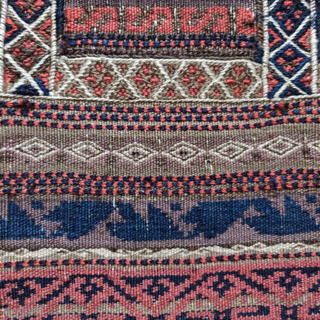 Multi flatweave technique complete Baluch salt bag. Uncommon leaf design sometimes found on Baluch pile ghurbaghe rugs, beautiful colorful striped back.            