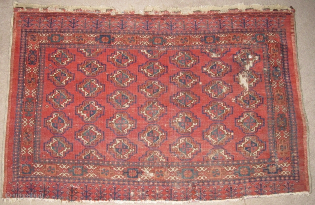 Turkmen Chuval. Perhaps Ersari, but open left. White warps, Soft floppy handle, good color, nice negative space between the guls. Some split guls. Woven upside-down. 4'6" x 3'1" (137x94cm)    