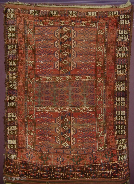 Ersari or Kizyl Ayak Ensi, Very soft wool, interesting drawing, natural colors. Field madder color seems slightly corrosive, browns are un-dyed wool. 2 chord goat hair selvedge and kilim ends are mostly  ...