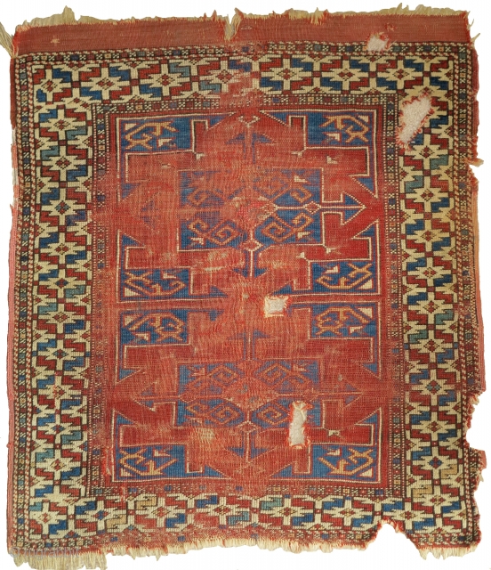 Small format Bergama area Turkish rug. Squarish shape and nicely drawn with good color. About 38"×42". Worn but very readable. Two-tones of blue in the field.       